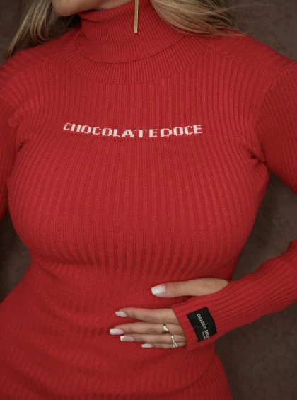 Vestido Chocolate Doce Tricot Bia Vermelho
